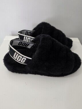 UGG Black Fluff Yeah Slide Slippers with Branded Heel Strap Size